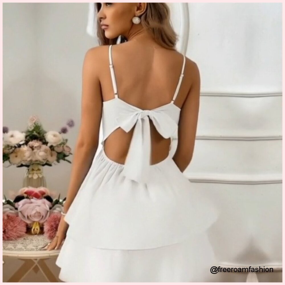 Backless Halter Dress with Adjustable Bow Tie, Polyester Blend, Party Wear - Picture 6 of 6